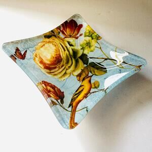 Lisa Audit Spring Decoraive Glass Bowl Dish Floral Square Trinket Dish Bird